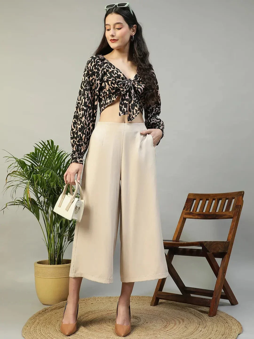 Black Animal Print V-Neck Tie-knotted long Sleeve Women Crop Top - Image 8
