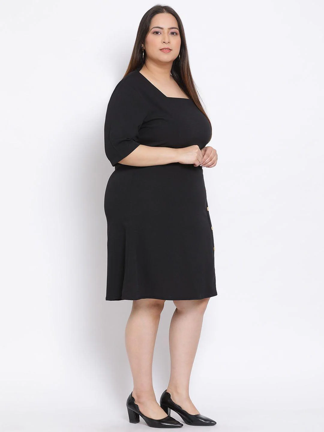 Black Basic Button Plus Size Curvy Dress For Everyday Style - Image 3