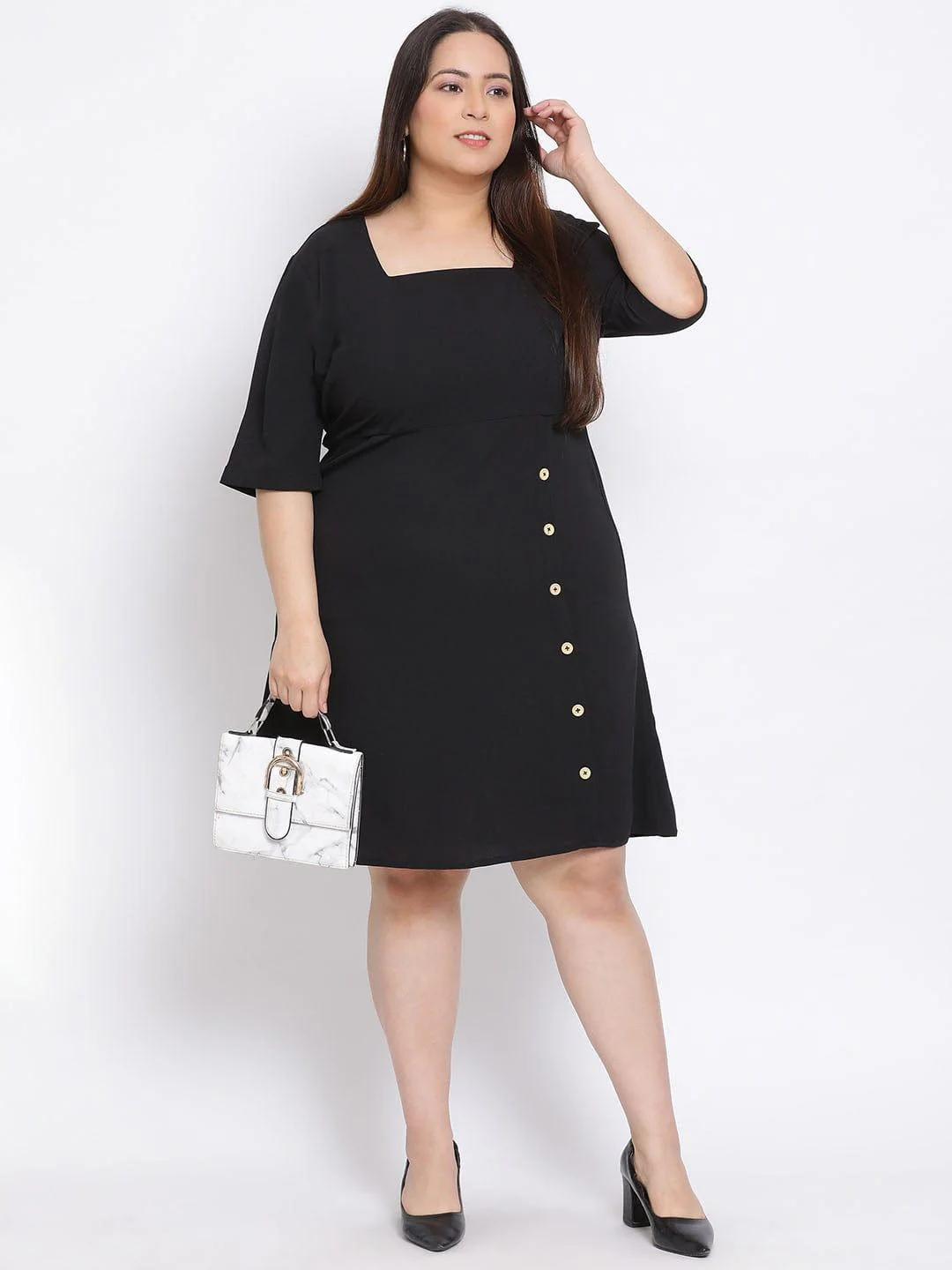 Black Basic Button Plus Size Curvy Dress For Everyday Style - Image 6