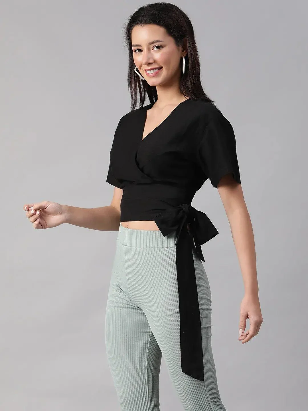Black Blizz V-Neck Short Sleeve Tie-Knot Belt Crop Top - Image 3
