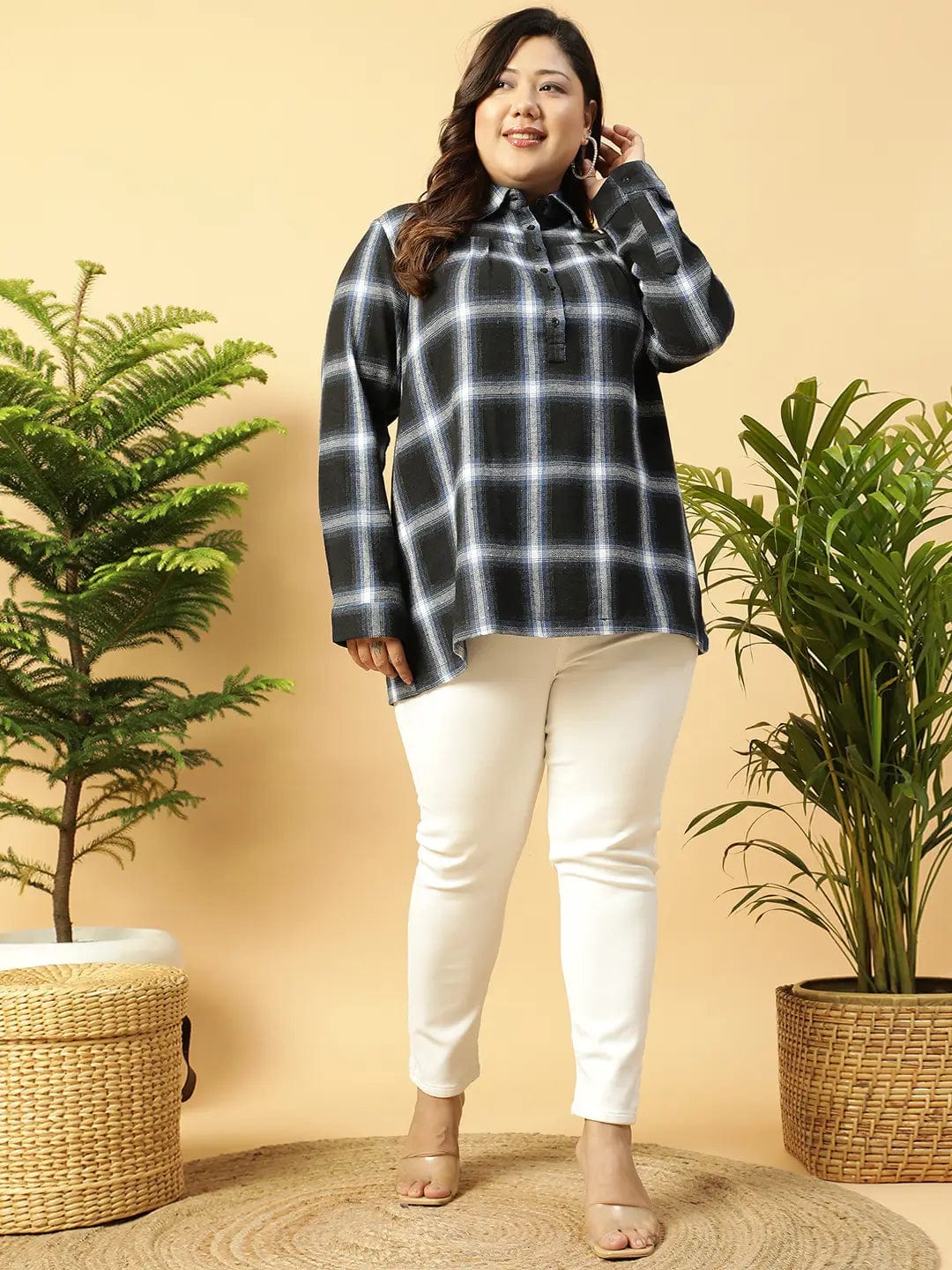 Black Check-Print Collared Button-Down Front Long Sleeves Plus Size Women Cotton Shirt - Image 2