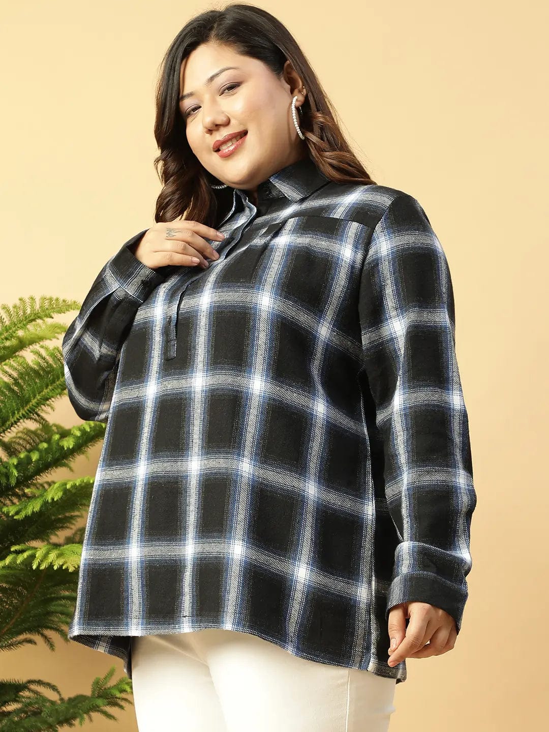 Black Check-Print Collared Button-Down Front Long Sleeves Plus Size Women Cotton Shirt - Image 3