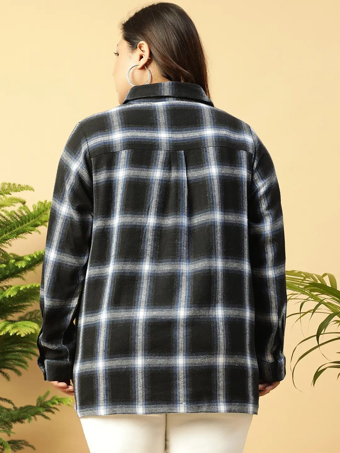 Black Check-Print Collared Button-Down Front Long Sleeves Plus Size Women Cotton Shirt - Image 5