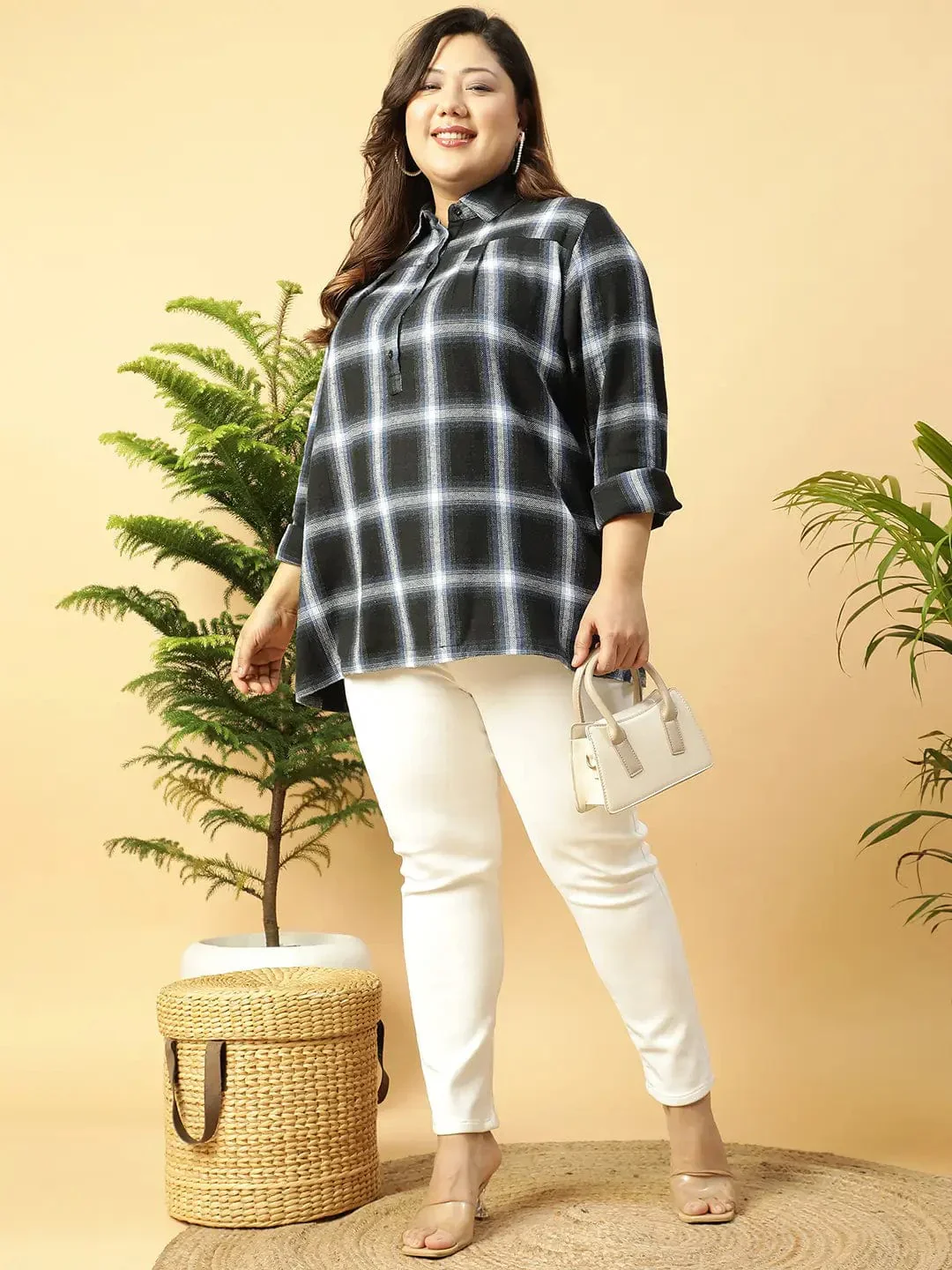 Black Check-Print Collared Button-Down Front Long Sleeves Plus Size Women Cotton Shirt - Image 8