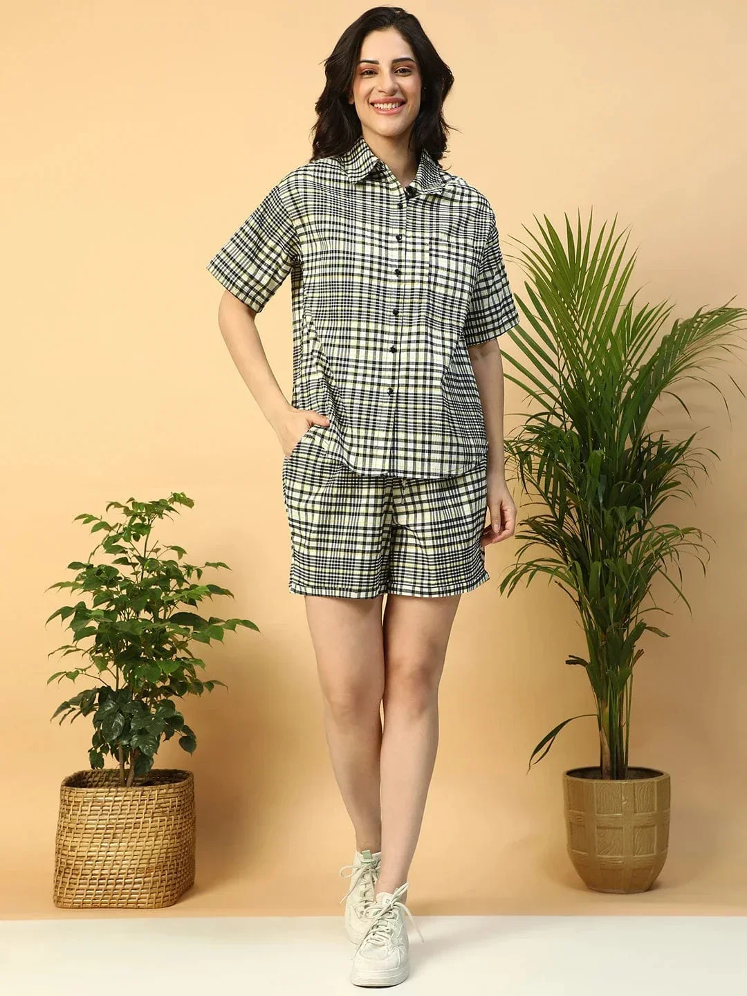 Black Check Print Collared Shirt With Elasticated Shorts Women Cotton Co-ord Set