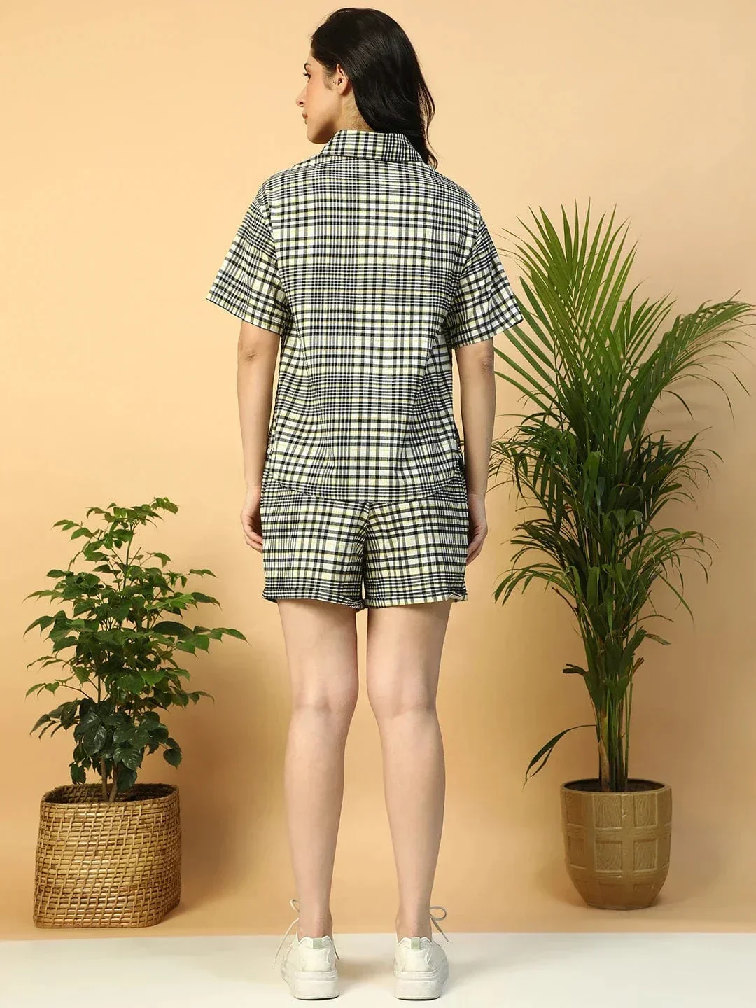Black Check Print Collared Shirt With Elasticated Shorts Women Cotton Co-ord Set - Image 4