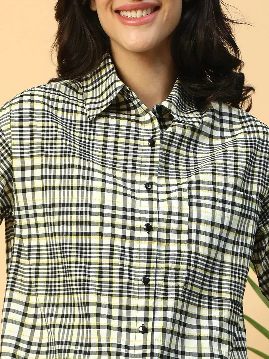 Black Check Print Collared Shirt With Elasticated Shorts Women Cotton Co-ord Set - Image 5