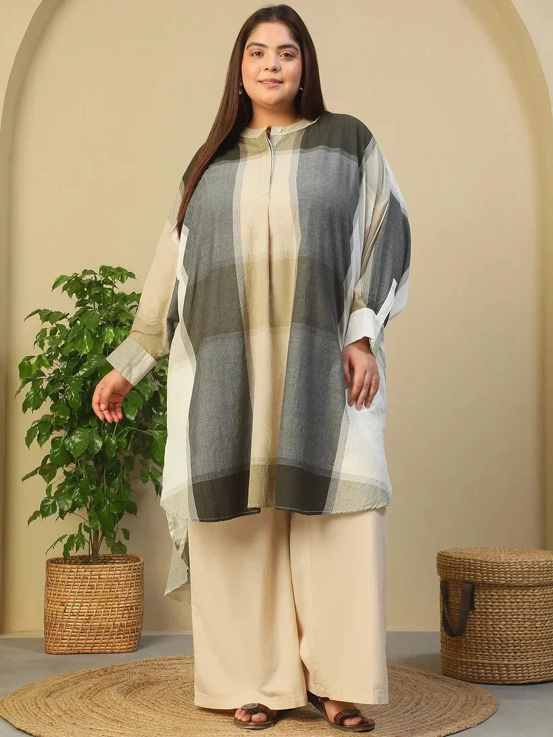 Black Check Round Neck With Button Placket Long Sleeve High Low Yarn Dyed Check Print Plus Size Women Cotton Tunic - Image 2