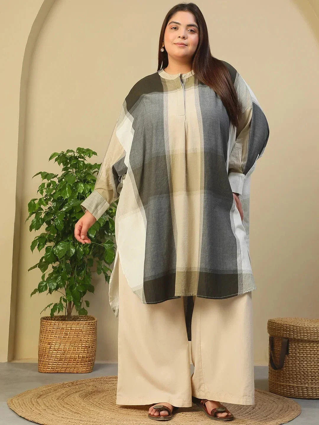 Black Check Round Neck With Button Placket Long Sleeve High Low Yarn Dyed Check Print Plus Size Women Cotton Tunic - Image 8