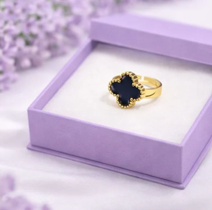 Black Clover Adjustable Ring for Women – Gold Finish Elegant Statement Ring - Image 2