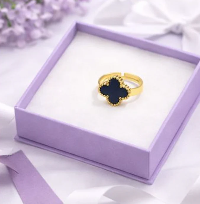 Black Clover Adjustable Ring for Women – Gold Finish Elegant Statement Ring - Image 3