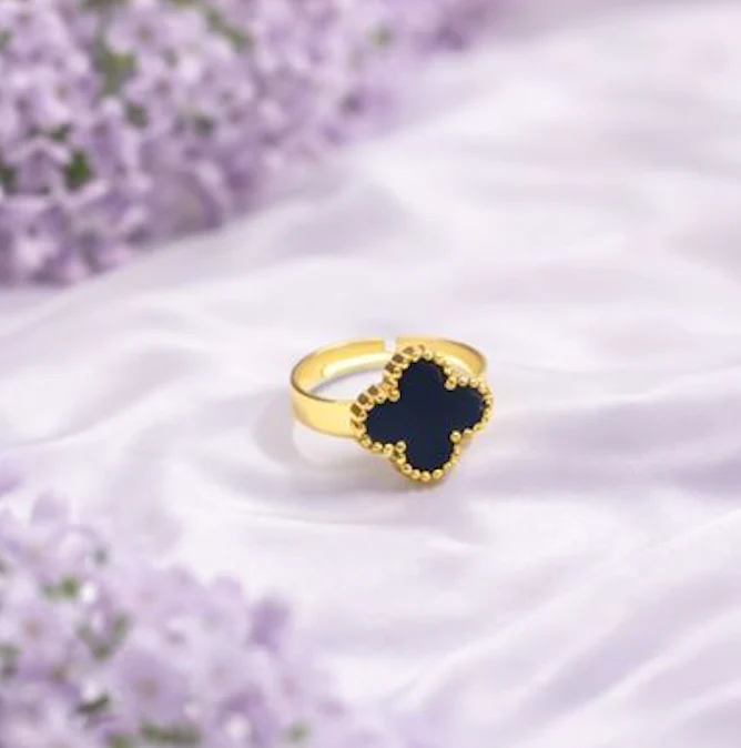 Black Clover Adjustable Ring for Women – Gold Finish Elegant Statement Ring - Image 4