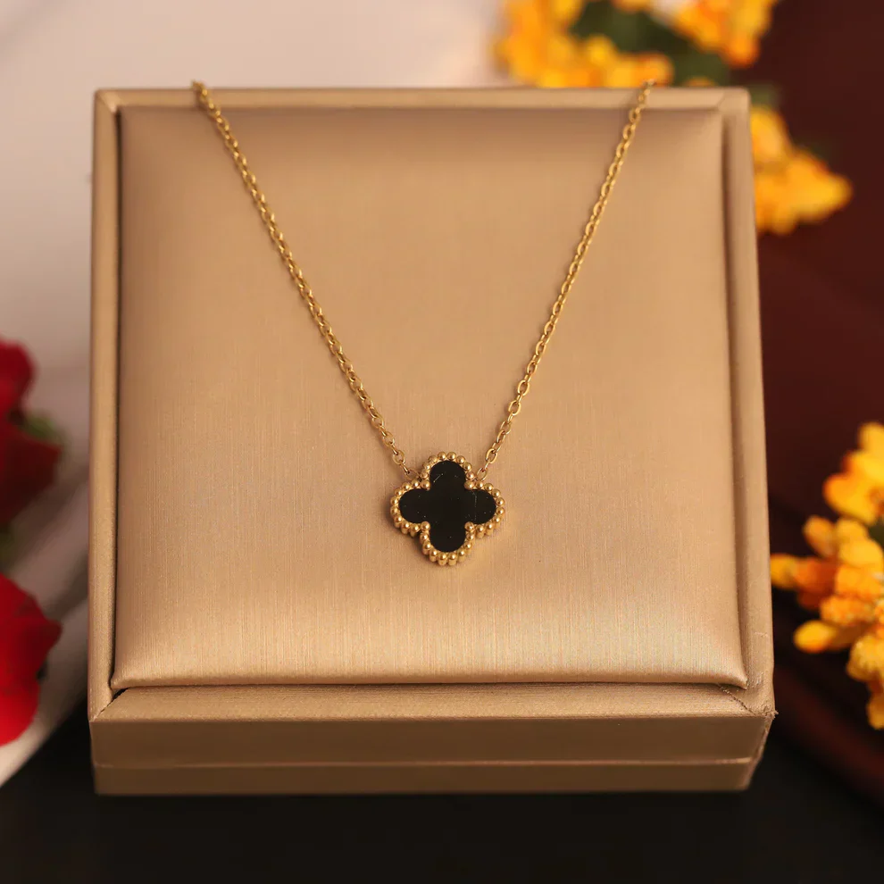 Black Clover Pendant Necklace for Women – Gold Chain Elegant Charm Necklace - Image 4