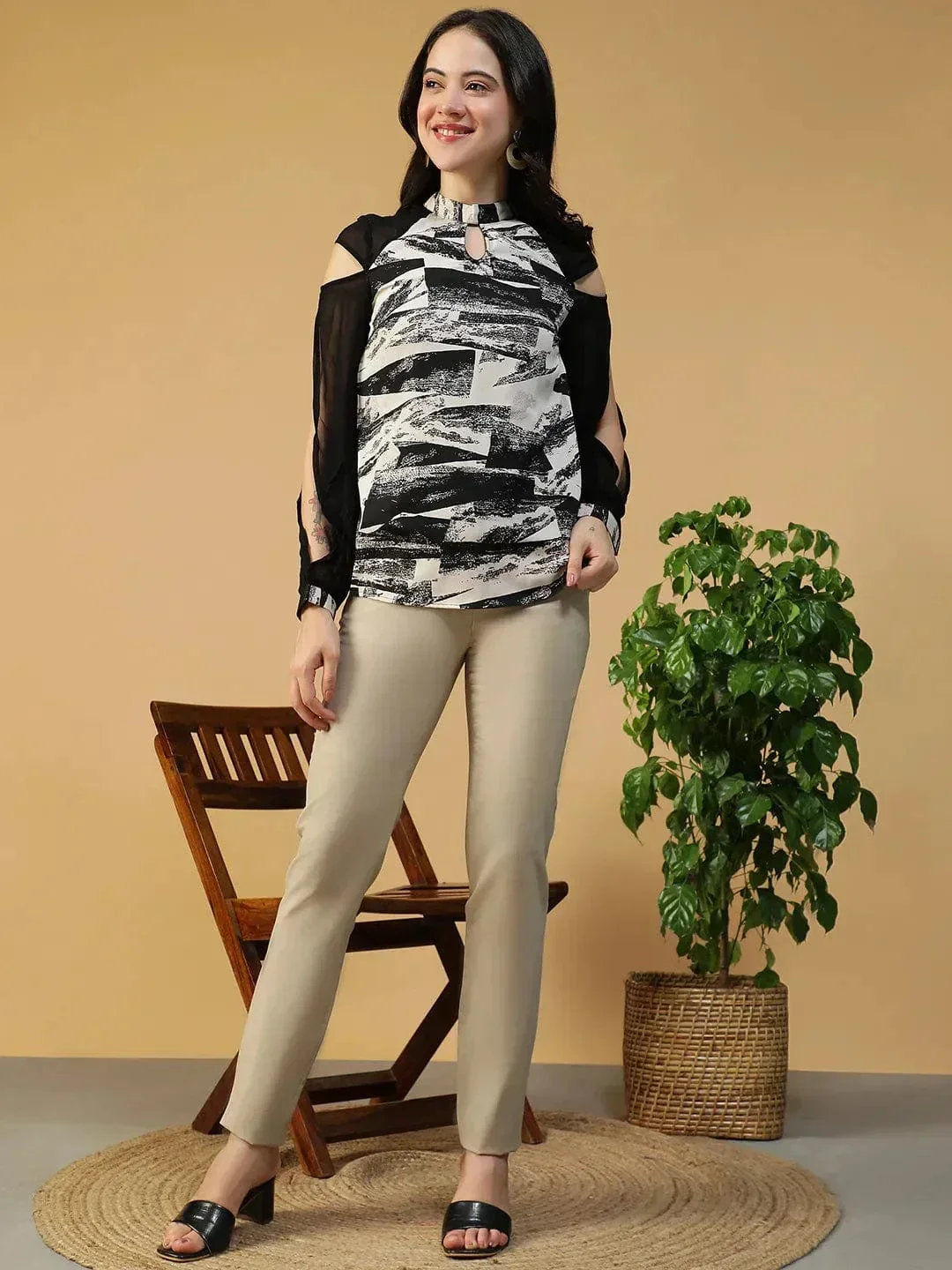 Black Cold Shoulder Top - Women's Long Sleeve Marble Print Blouse With Keyhole Neck - Image 2