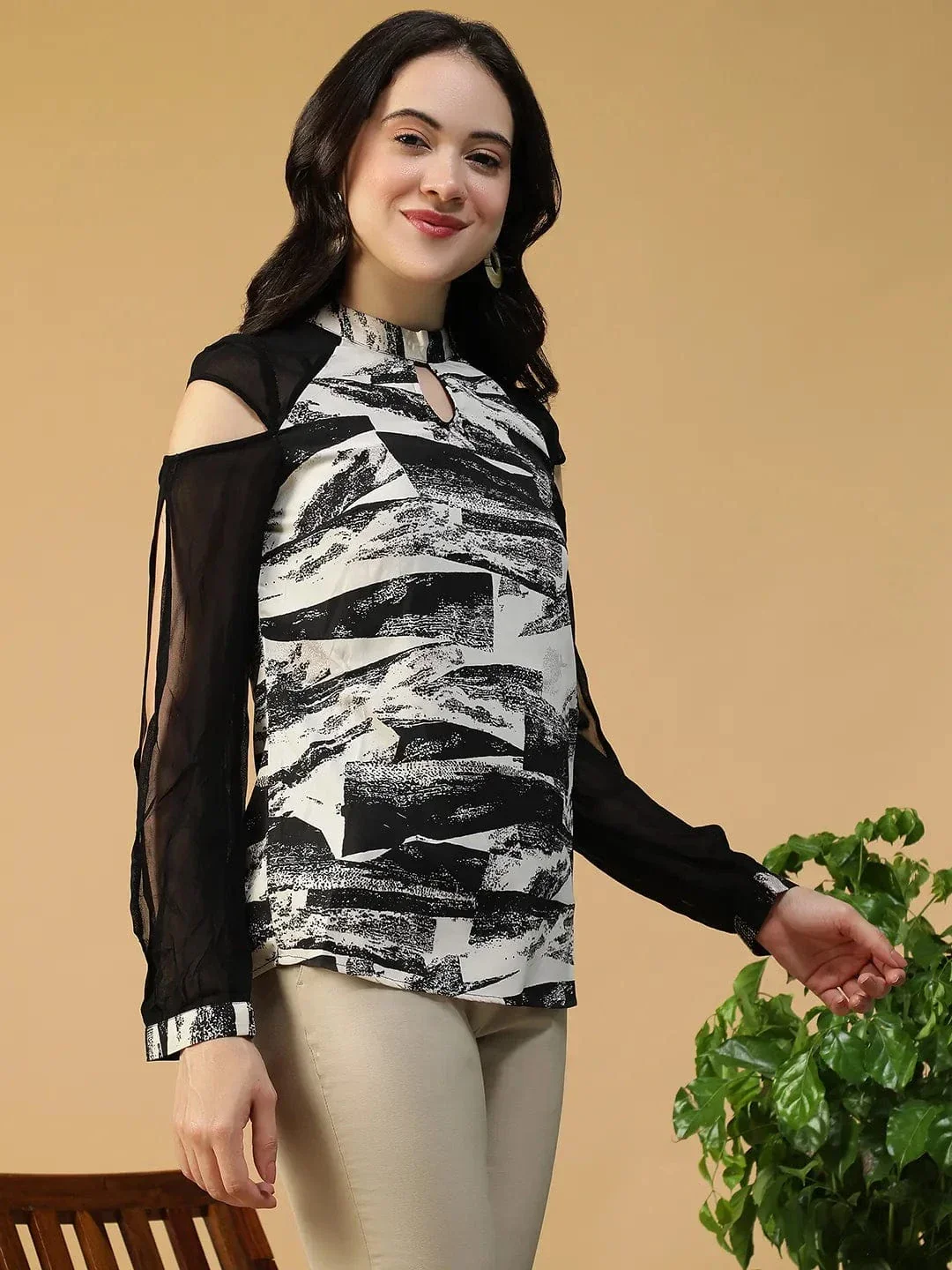 Black Cold Shoulder Top - Women's Long Sleeve Marble Print Blouse With Keyhole Neck - Image 4