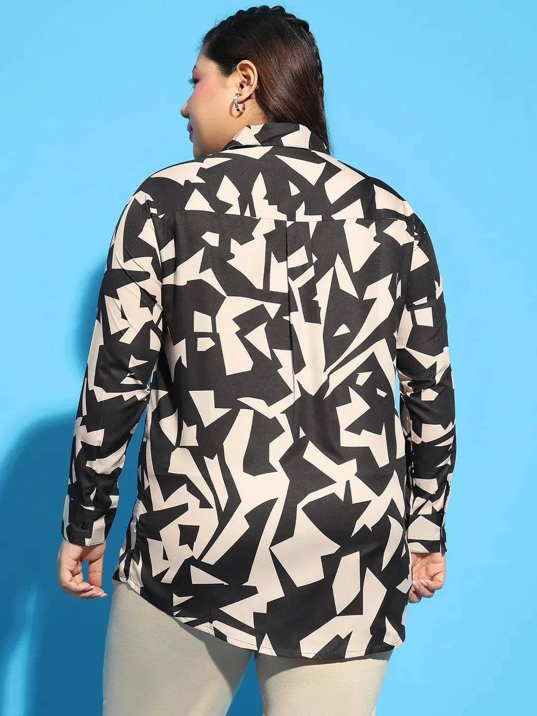 Black Color Printed Long Sleeve Button Down Shirt Plus Size Women Shirt - Image 5