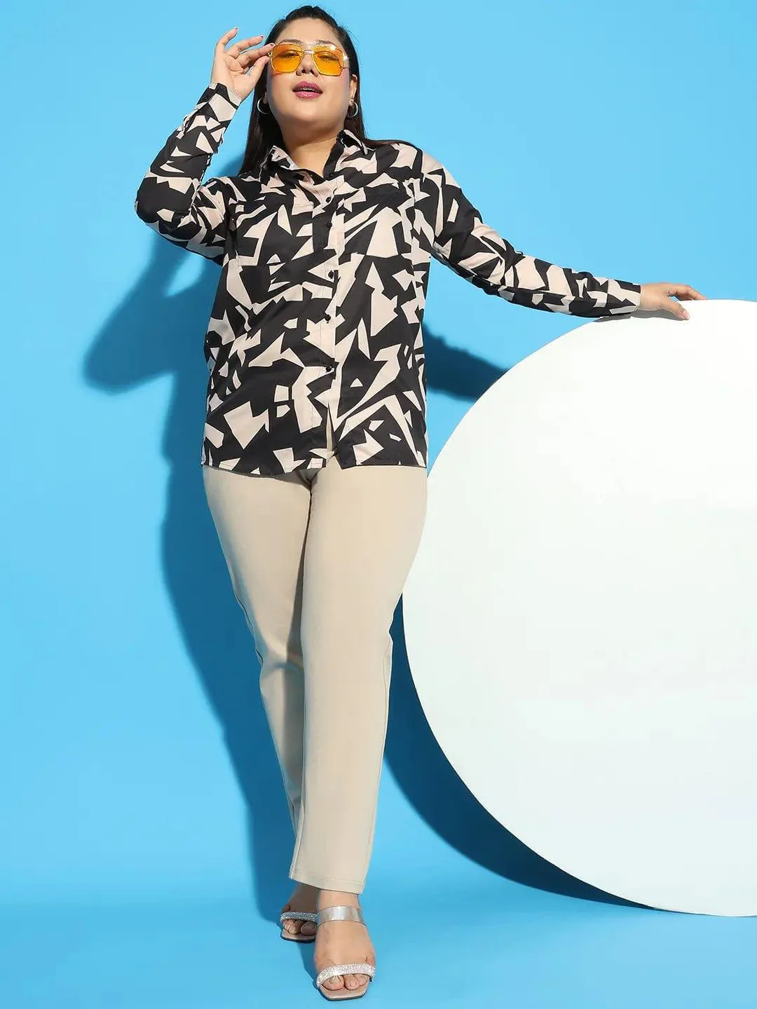 Black Color Printed Long Sleeve Button Down Shirt Plus Size Women Shirt - Image 7