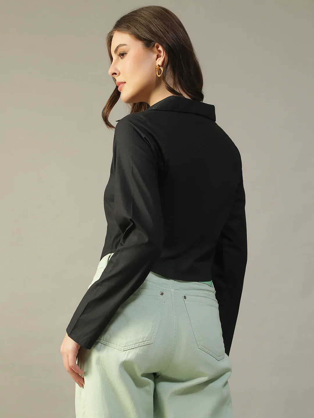Black Cotton Women’s Crop Top with Collar & Zip Front - Image 3