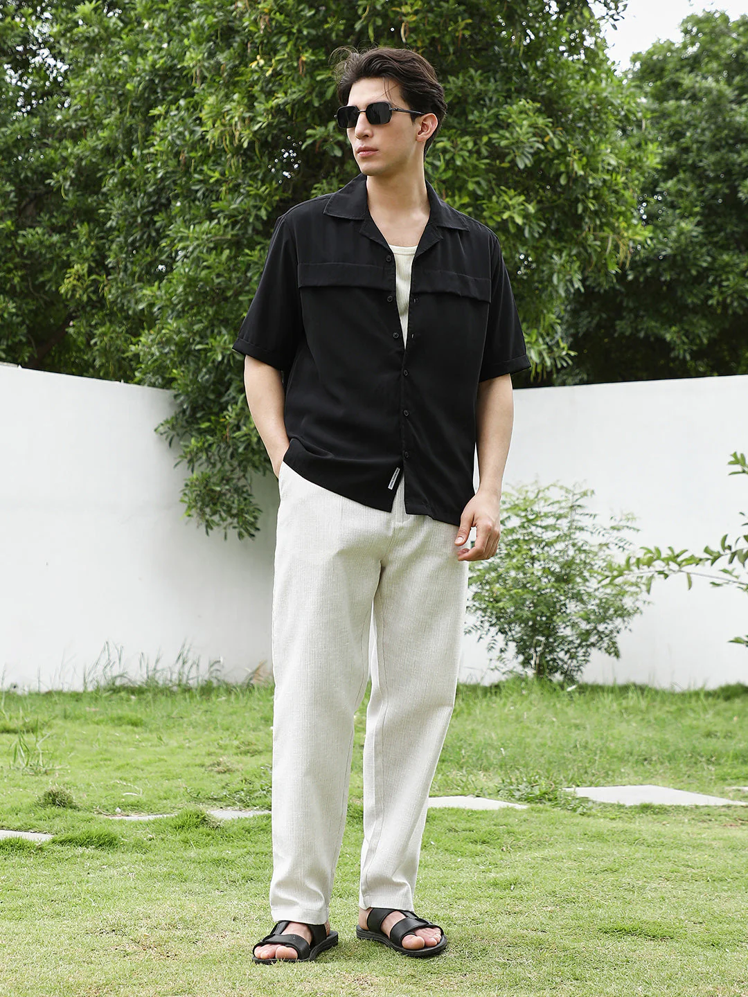 Black Cuban Collar Short Sleeve Shirt - Image 5