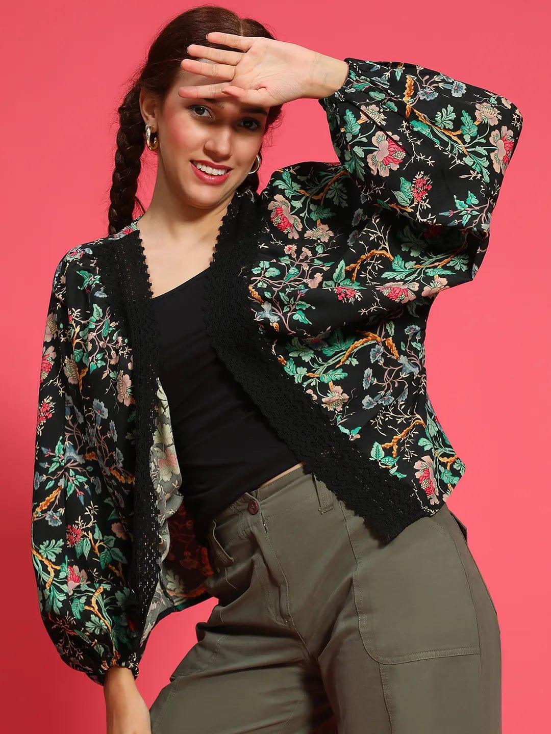 Black Floral Print Lace Detailed Long Sleeve Front Open Women Shrug - Image 3