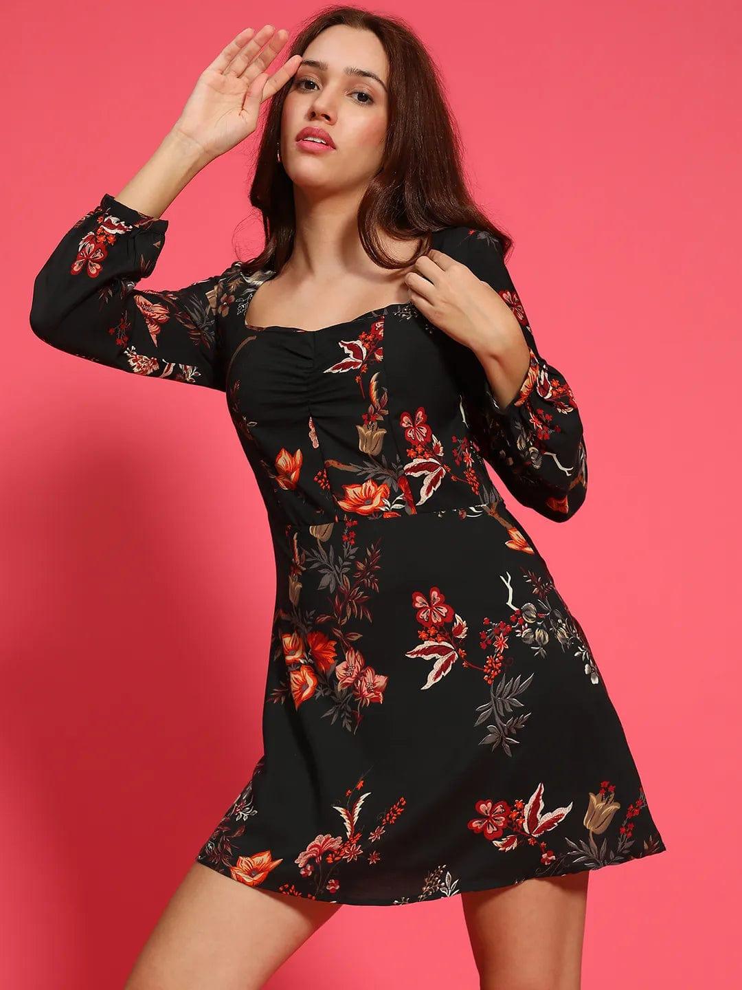 Black Floral Print Long Sleeve Above Knee Length Women Dress - Image 3