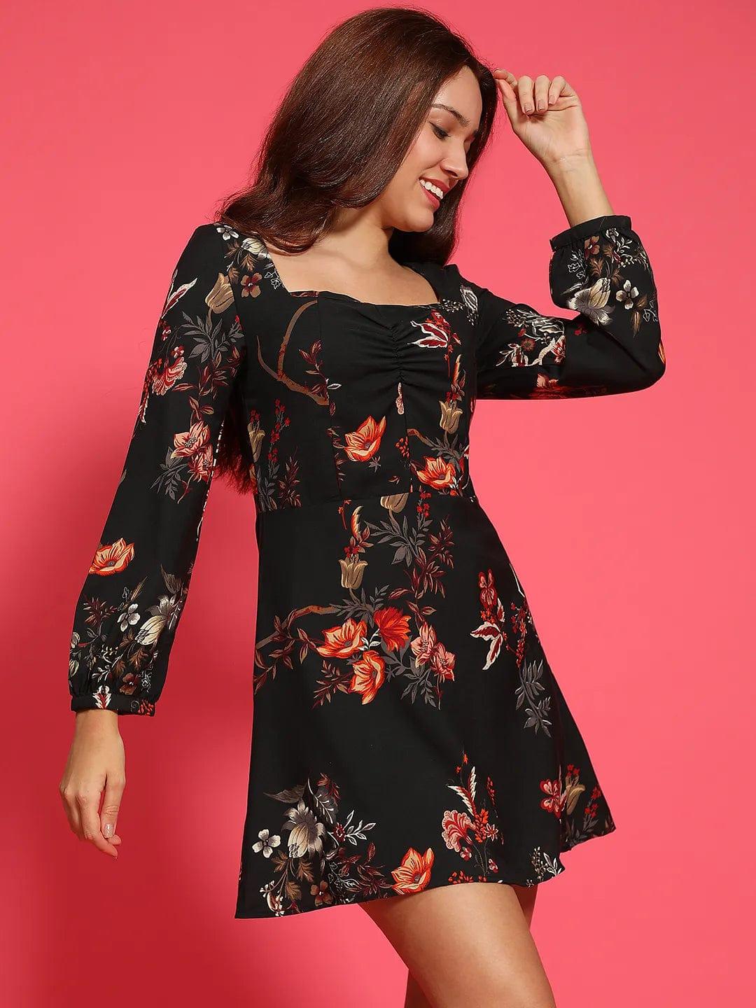 Black Floral Print Long Sleeve Above Knee Length Women Dress - Image 4