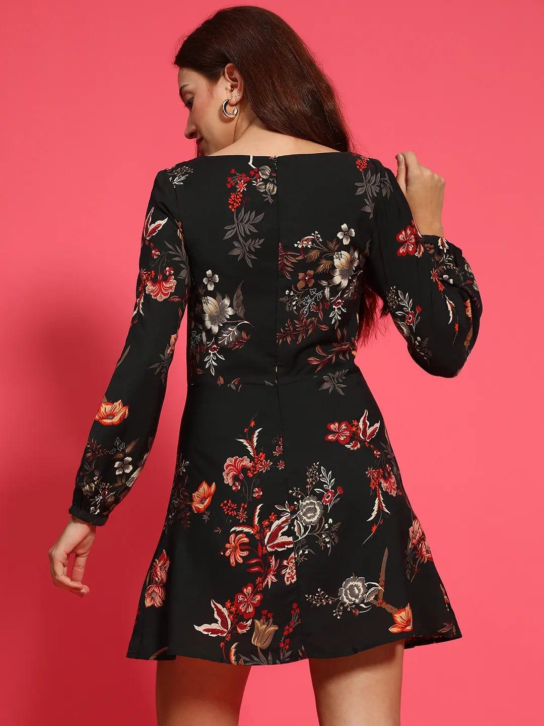Black Floral Print Long Sleeve Above Knee Length Women Dress - Image 5