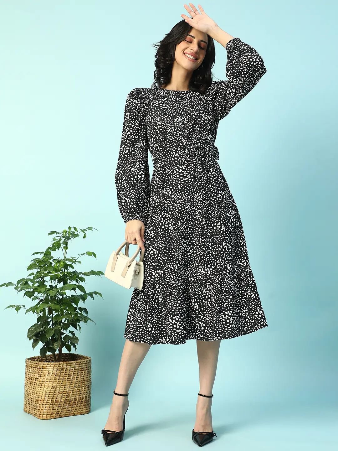Black Floral Print Long Sleeve Women Dress - Image 3
