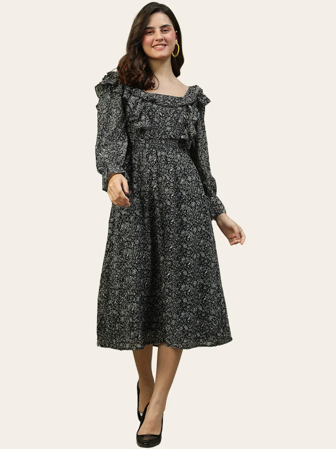 Black Floral Print Ruffle Detail Long Bell Sleeve Women Dress