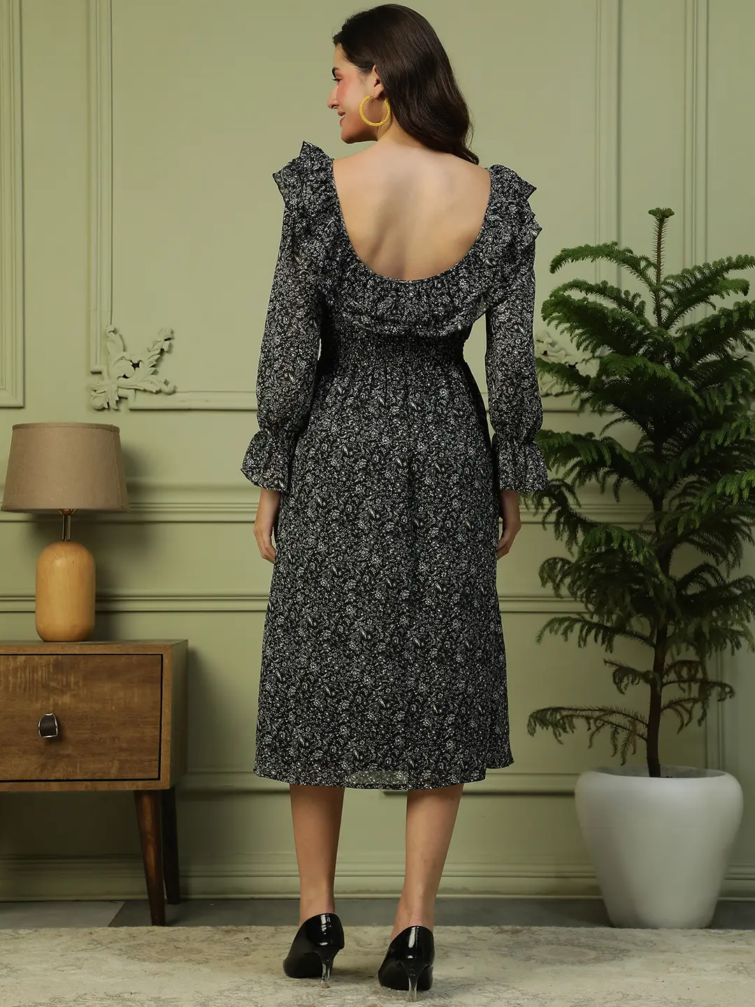 Black Floral Print Ruffle Detail Long Bell Sleeve Women Dress - Image 7