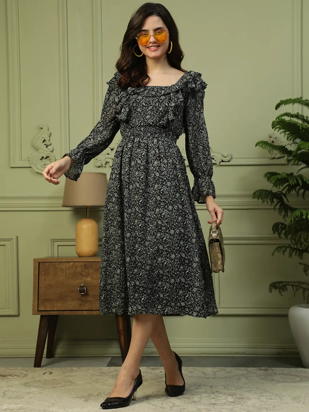 Black Floral Print Ruffle Detail Long Bell Sleeve Women Dress - Image 8