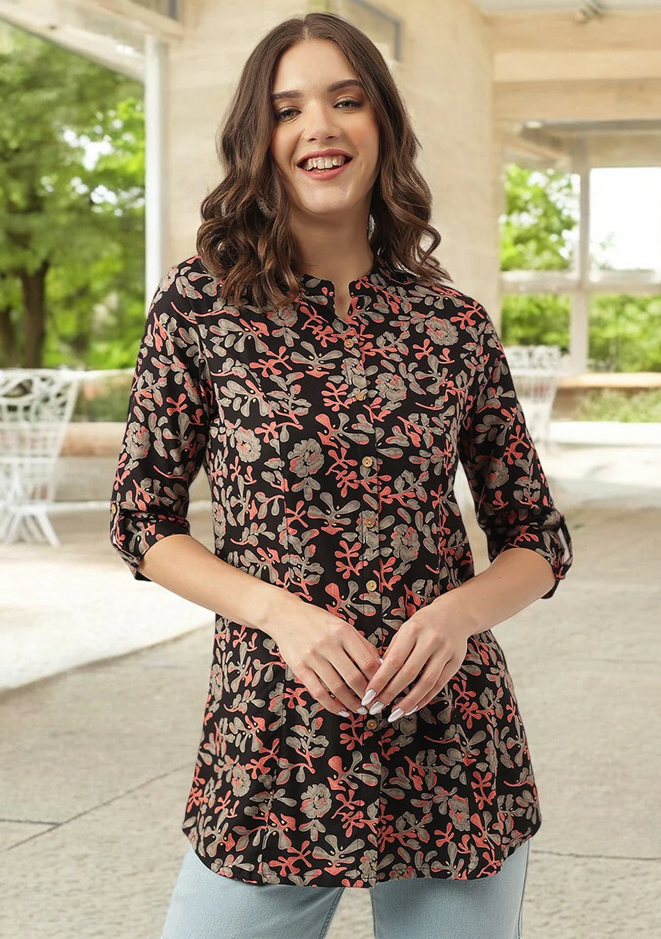 Black Floral Printed Rayon Shirt Style Top - Image 5