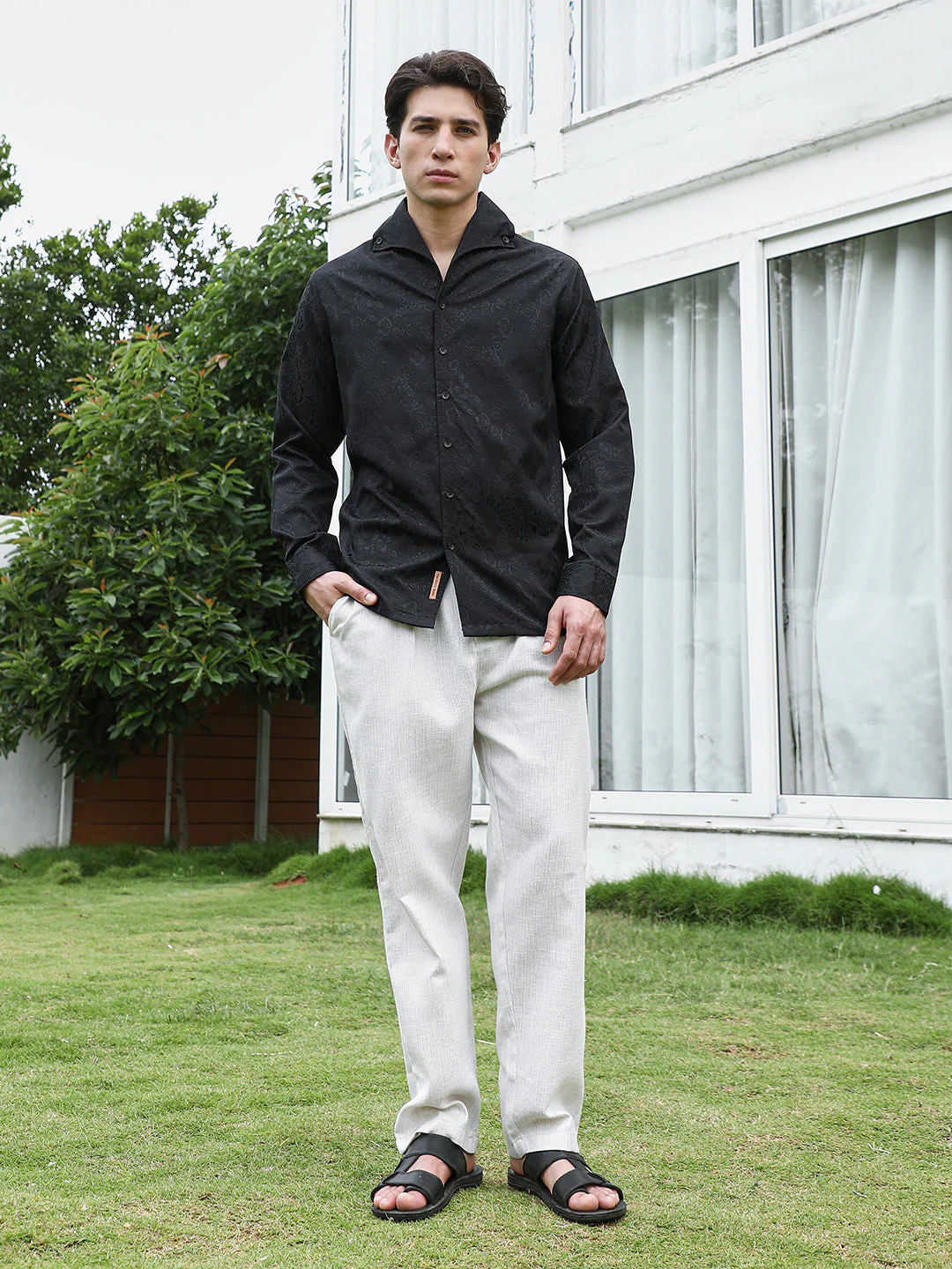 Black Floral Self Design Full Sleeve Shirt - Image 5