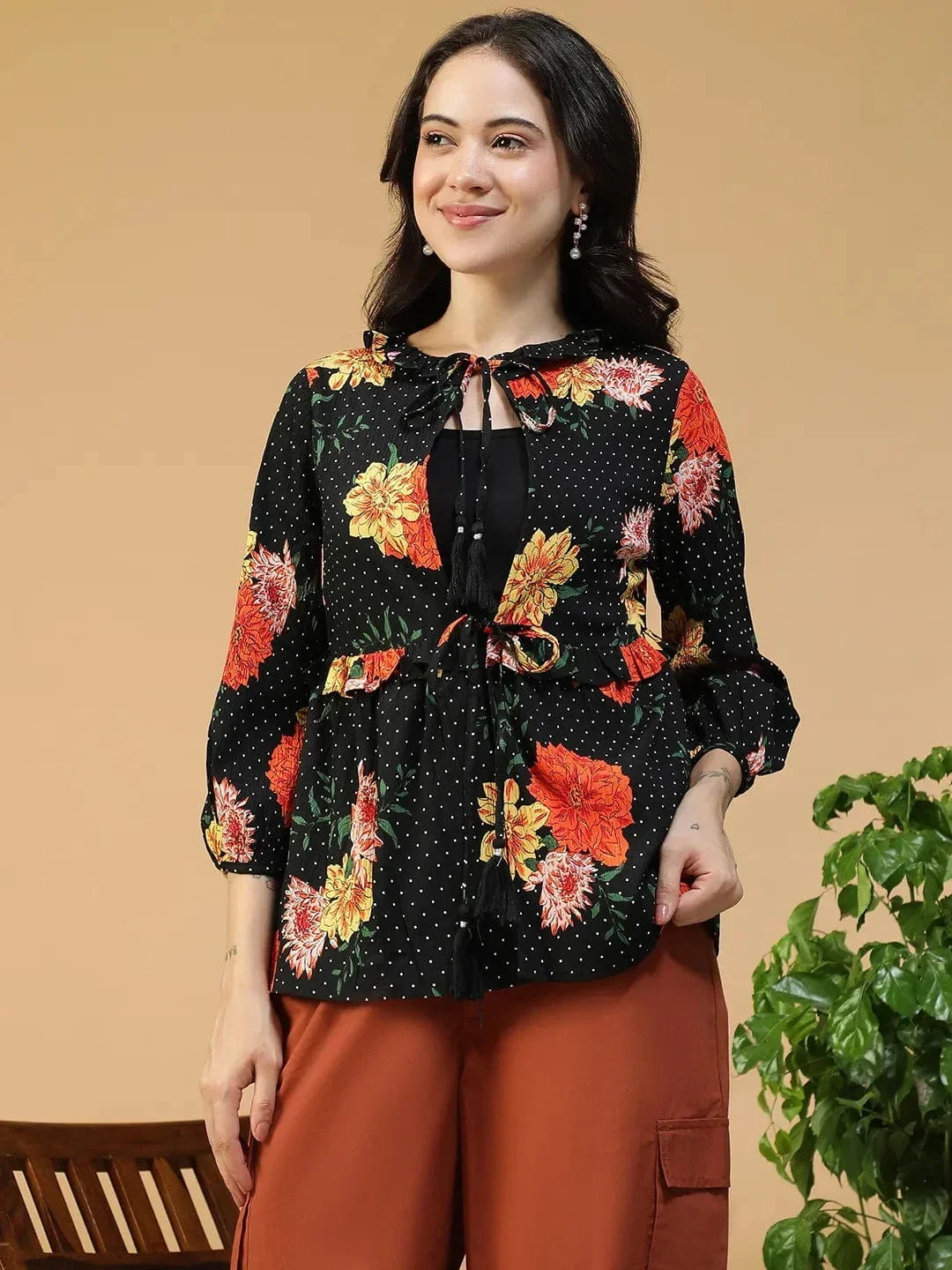Black Floral Shrug - Women's Round Neck Tie-Up Detail Long Sleeve Shrug
