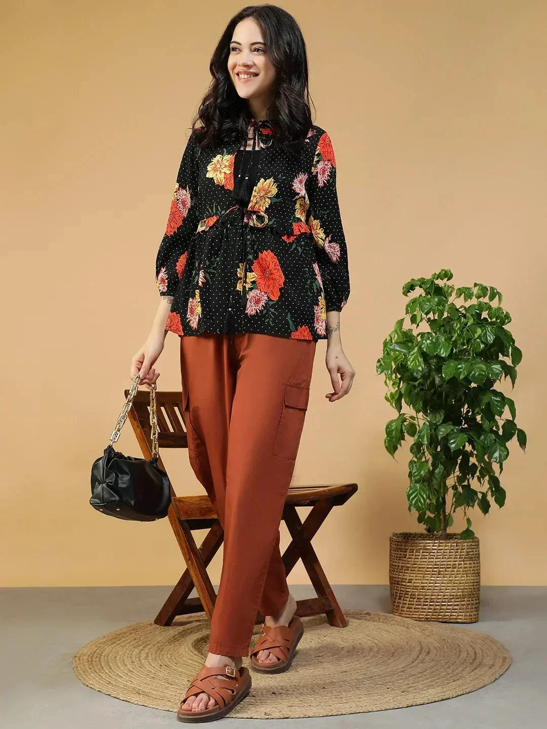 Black Floral Shrug - Women's Round Neck Tie-Up Detail Long Sleeve Shrug - Image 8