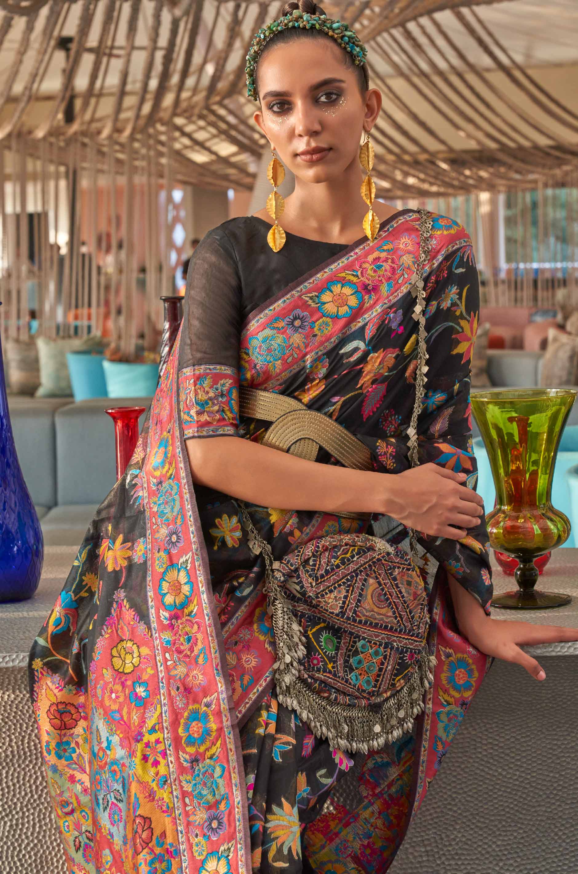 Black Floral Woven Silk Saree - Image 5