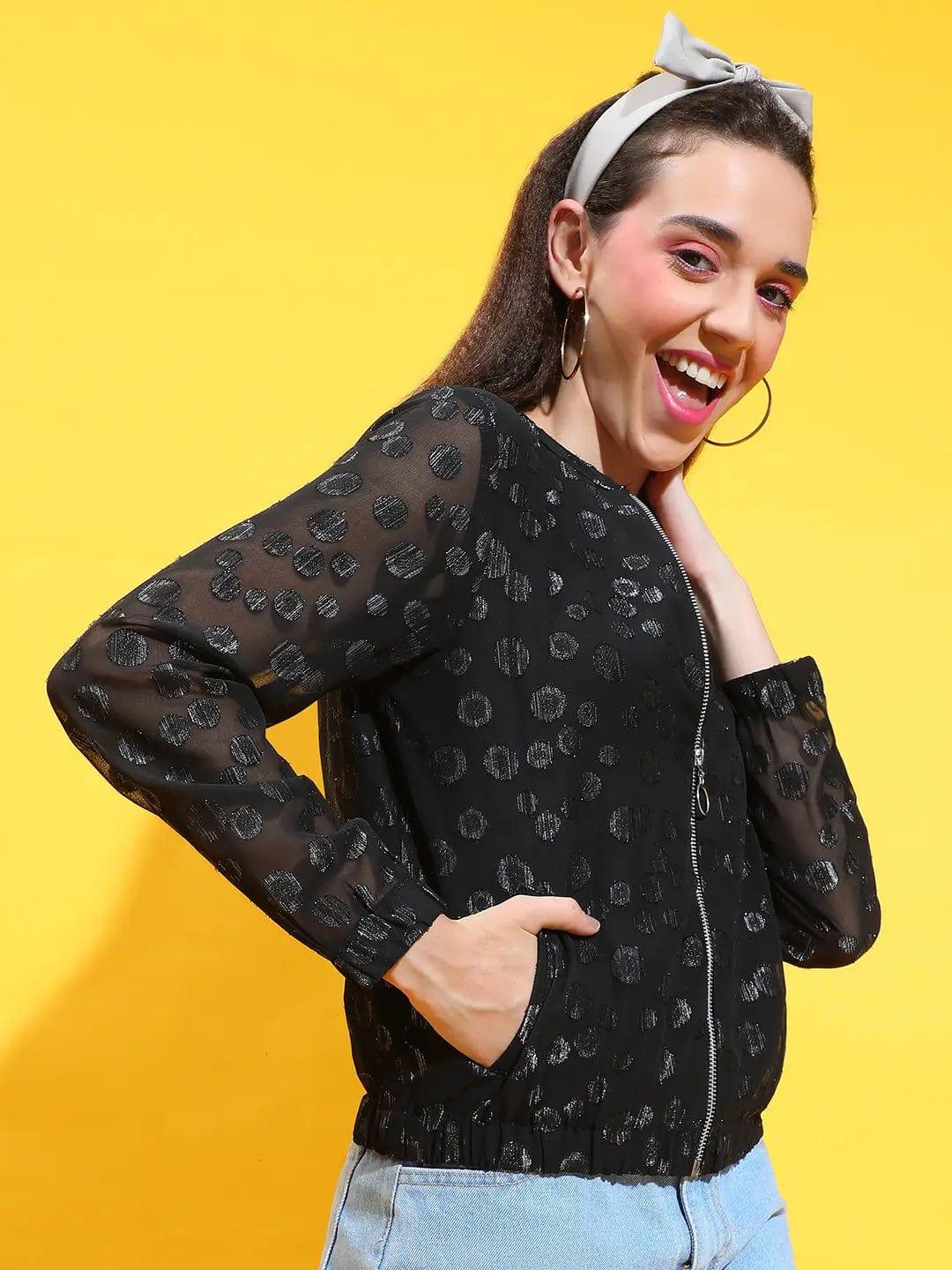 Black Foil Floral Print Round Neck Long Sleeve Winter Wear Bomber Jacket - Image 4