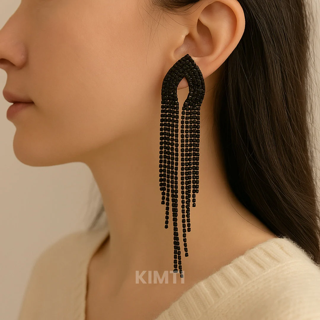 Black Long Dangler Drop Earring - Image 2