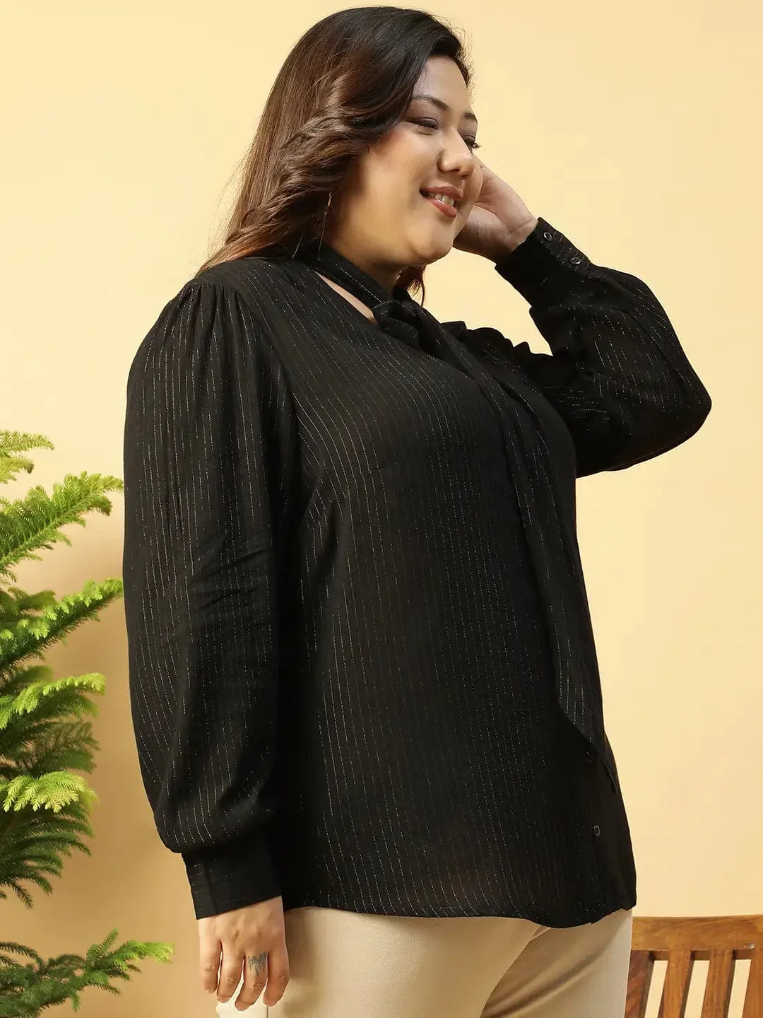 Black Lurex rayon solid V- Neck With Tie-knot Belt Long Sleeve Plus Size Women Top - Image 4