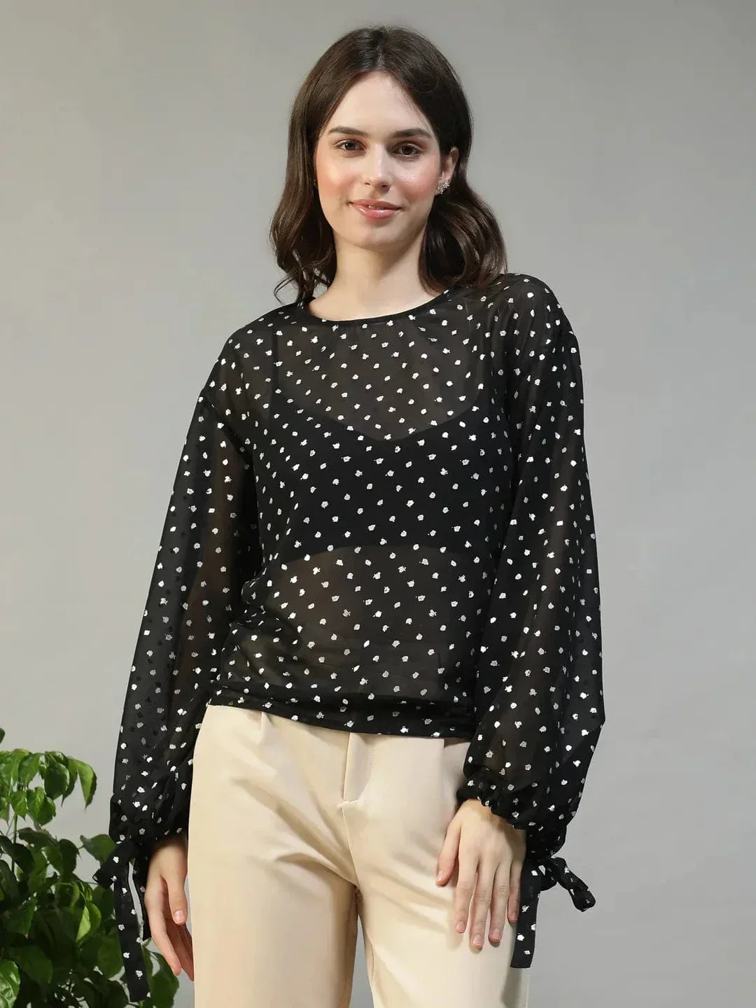 Black Partywear Top - Women's Long Sleeve Blouse With Tie-Up Cuff Detail