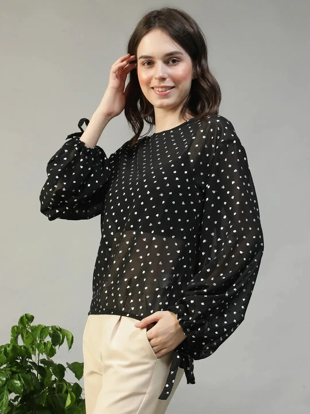 Black Partywear Top - Women's Long Sleeve Blouse With Tie-Up Cuff Detail - Image 3