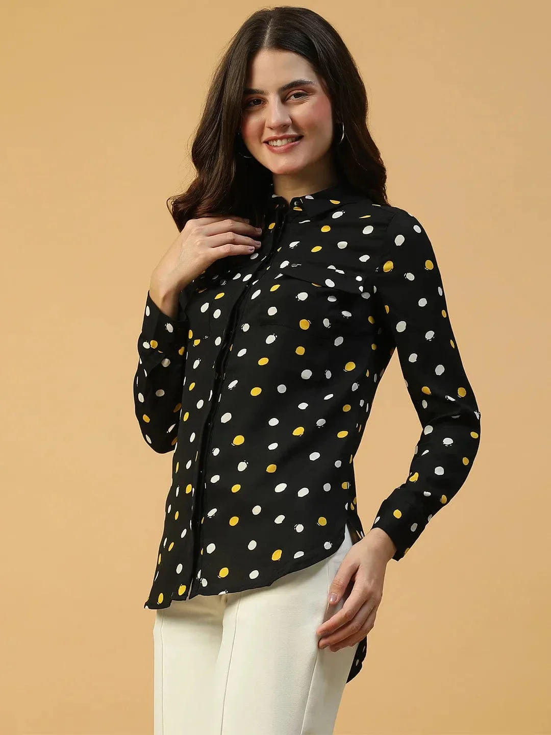 Black Polka Dot Print Long Sleeve Button Down Collared Women Shirt - Image 3