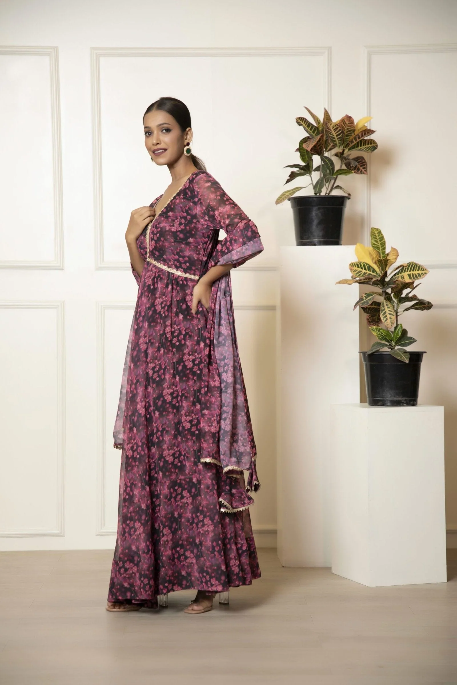 Black Printed Ethnic Dress with Dupatta - Image 2