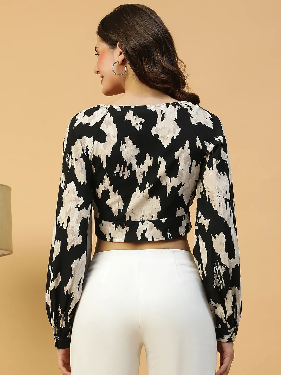 Black Printed Tie-knotted long Sleeve Crop Women Top - Image 5