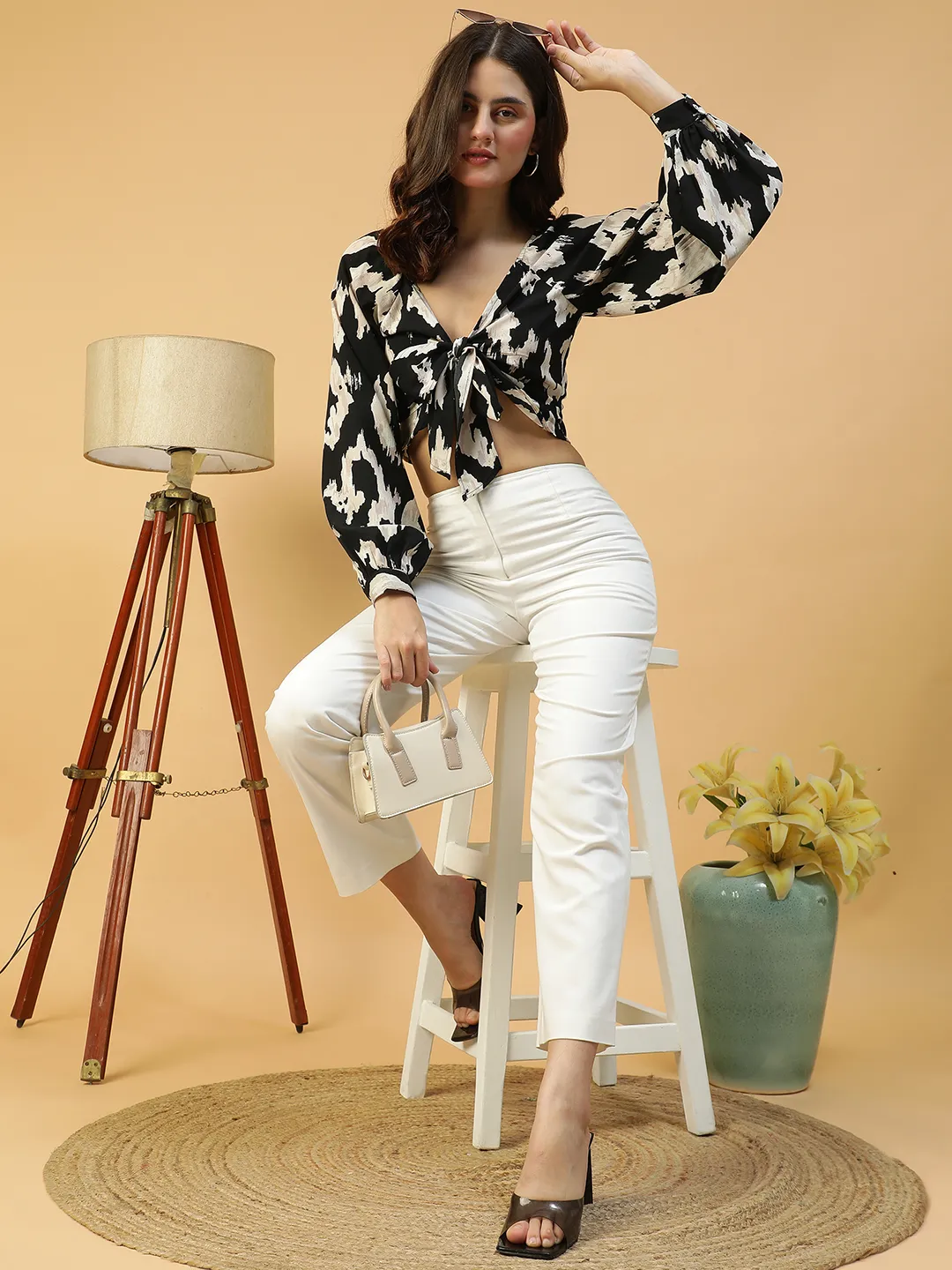 Black Printed Tie-knotted long Sleeve Crop Women Top - Image 8