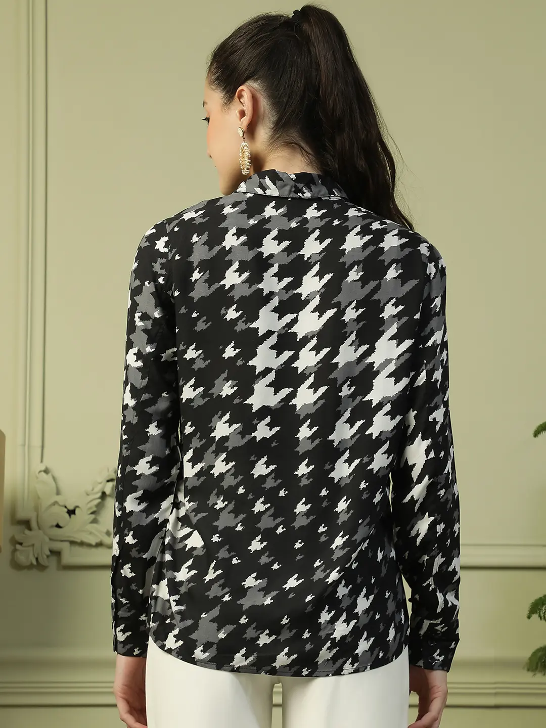 Black Printed Women's Shirt with Collared Button Down - Image 5