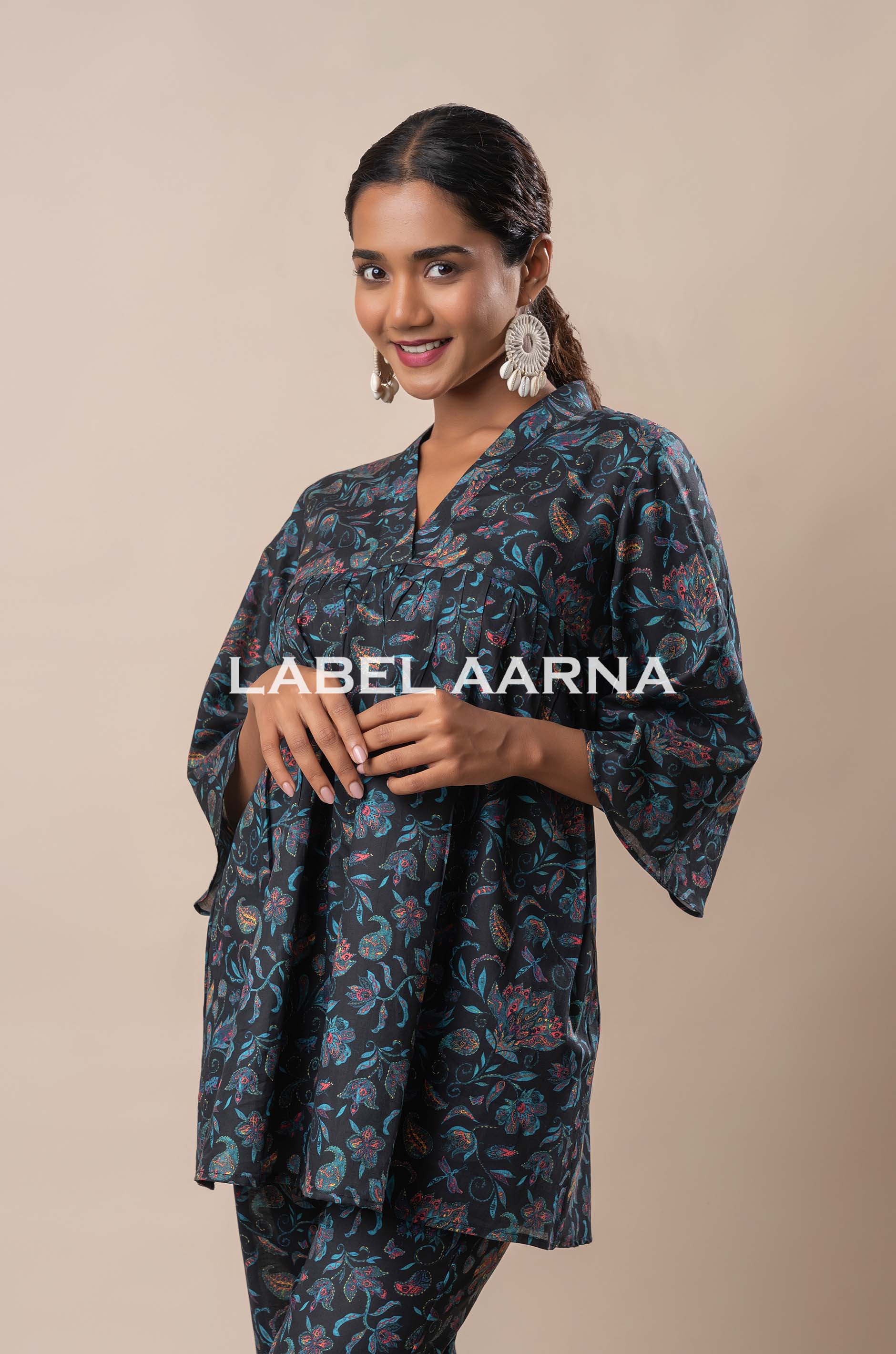 Black Pure Cotton Floral Jaal Printed V Neck Flared Co-Ord Set - Image 2