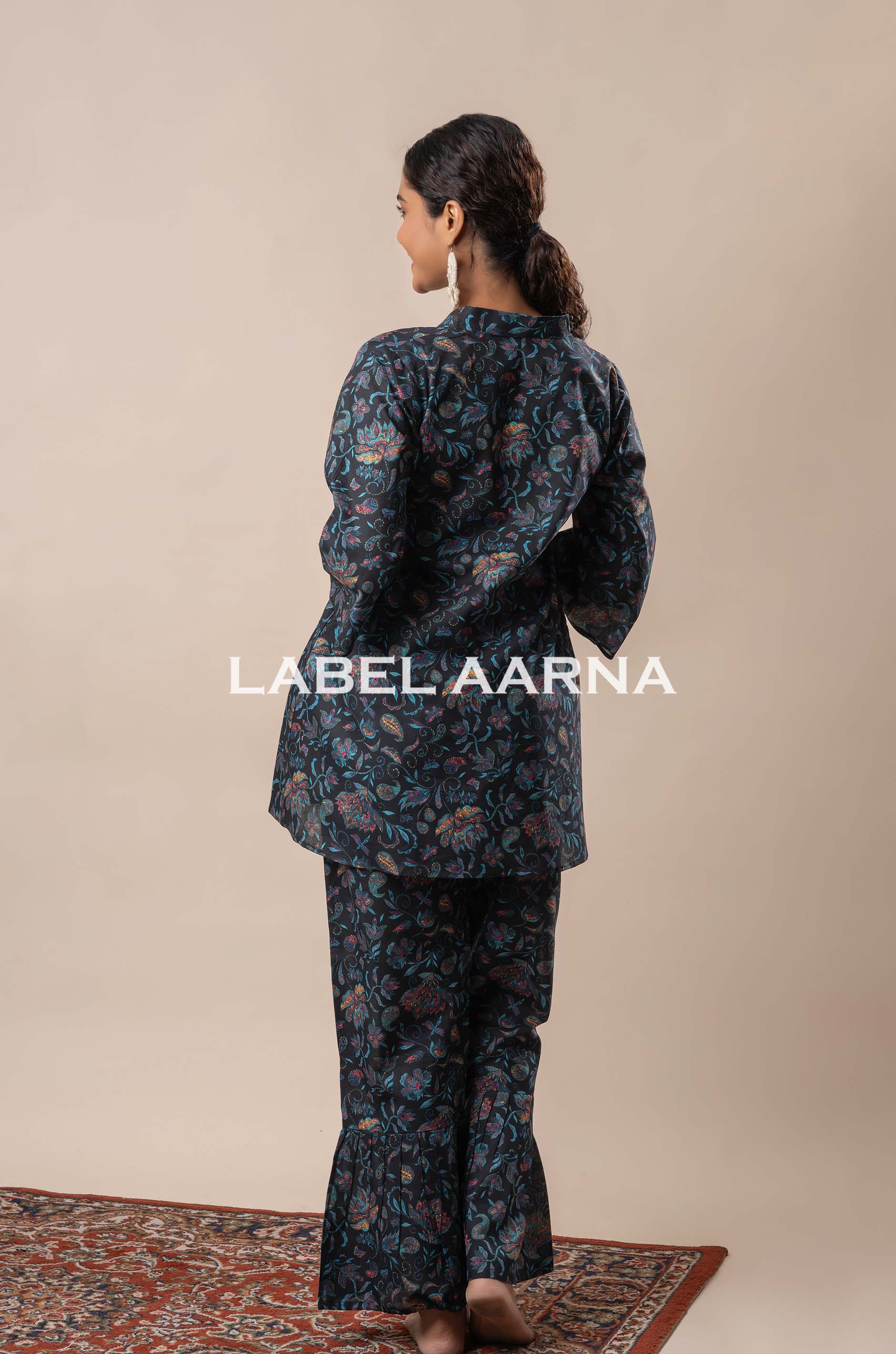 Black Pure Cotton Floral Jaal Printed V Neck Flared Co-Ord Set - Image 5
