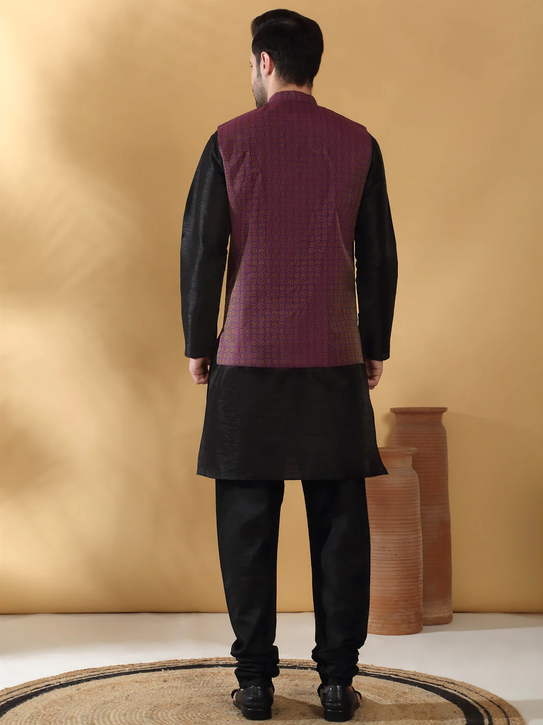 Black Silk Blend Kurta churidar with Jacquard Geometric Sleeveless Nehru Jacket set - Image 2