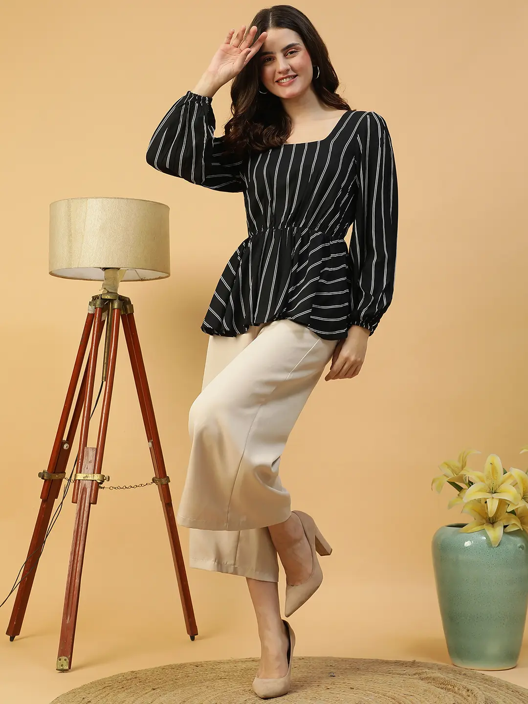 Black Stripe Print Women's Peplum Top - Image 8